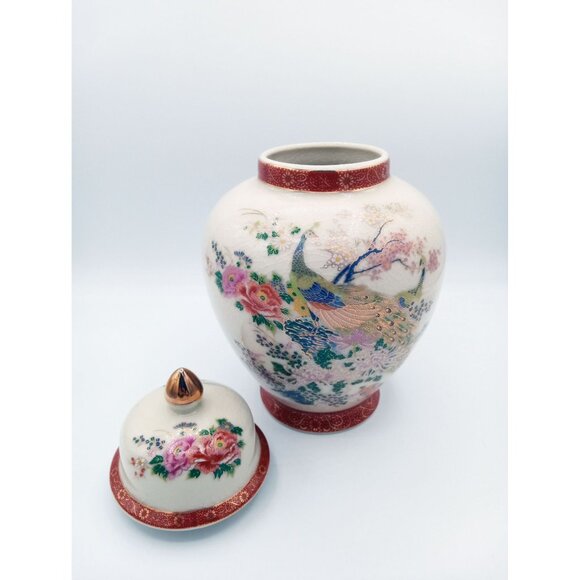 Japanese Satsuma Ware Porcelain Ginger Jar Peacock & Flower Design Japan Crazing - Picture 13 of 16